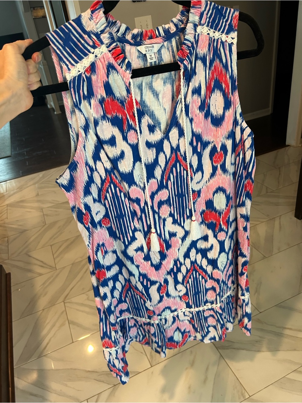 crown & ivy Blue White Pink Printed Sleeveless Ruffle-Hem Dress - Picture 2 of 9